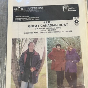May include: A sewing pattern for a Great Canadian Coat, a 3-in-1 jacket. The pattern includes adult unisex sizes from X-Small to X-Large. The pattern is printed on recycled paper and costs $5.98.