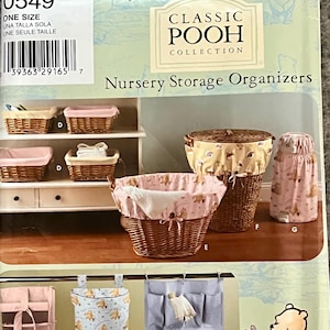 May include: Simplicity Classic Pooh nursery storage organizers. The image shows various storage solutions, including wicker baskets with Pooh-themed fabric liners, a hanging shoe organizer, and a fabric hanging organizer with multiple pockets. The products are designed for nursery organization.