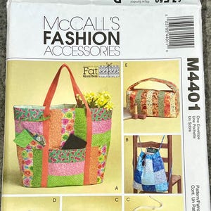 May include: McCall's Fashion Accessories pattern featuring a tote bag, drawstring backpack, cosmetic bag, glasses case, and slippers. The tote bag has orange handles and pockets. The pattern includes multiple designs.