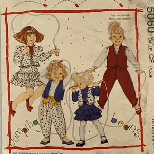 May include: A vintage sewing pattern for children's clothing. The pattern is for a set of three outfits, each with a vest and pants or skirt. The pattern is called "Jumping Beans" and is size 5060. The pattern is for sizes 4, 5, and 6.