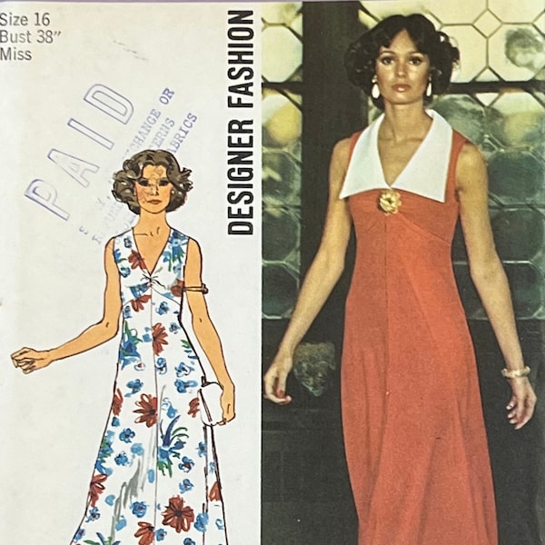 Simplicity 6344/Misses Evening Dress with Detachable Collar/Designer Fashion Sewing Pattern/Size 16 Bust 38/FACTORY FOLD/UNCUT/Vintage 1974