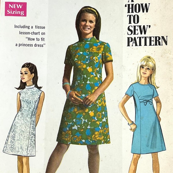 Simplicity 7459 Junior/Teens & Misses' Dress Including Tissue Lesson-Chart "How to fit a princess dress" Size 14 UNCUT 1967/Summer of Love