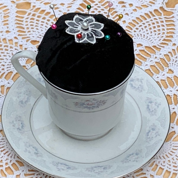 Handmade Vintage Silvene Fine China Teacup Pin cushion with Saucer in Black/Gray & White/Ready to Ship