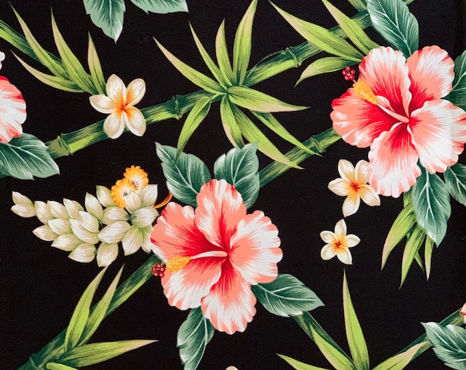 Hawaii Fabric/ Hibiscus Flowers on Black by David Textiles for Printex