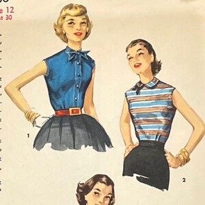 May include: A vintage sewing pattern illustration featuring three women wearing sleeveless tops. The first woman is wearing a blue denim top with a bow tie, the second woman is wearing a striped top, and the third woman is wearing a yellow top with pockets. The pattern is labeled "Simple to Make".