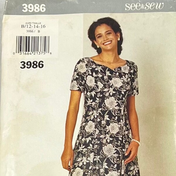 Butterick 3986 Misses'/Misses' 1990's Petite Flared Dress/See & Sew Easy Sewing Pattern /Size B 12-14-16/CUT TO 16/OOP 1995