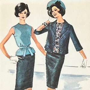 May include: Two women wearing stylish outfits from the 1960s. The woman on the left is wearing a sleeveless blue top with a matching belt and a black skirt. The woman on the right is wearing a blue jacket over a patterned top and a black skirt. Both women are wearing black heels and white gloves. The text "SEVENTEEN says: "It's Young Fashion!" is visible at the bottom of the image.
