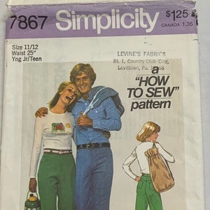 May include: Vintage Simplicity sewing pattern number 7867 for a young junior or teen. The pattern includes instructions for making pants and a shirt. The pattern cover features a couple wearing the clothing. The pattern is priced at $1.25.
