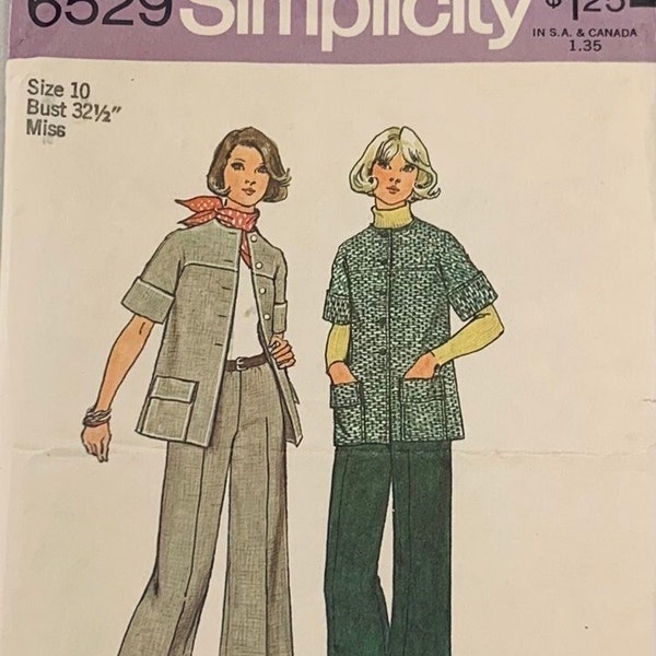 Simplicity 6529 Jiffy Elastic Waist Pants & Short Sleeve Jacket with Pockets/1970's Jacket and Pants Pattern/Size 10/OOP/P. Cut/1974