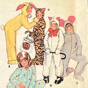 May include: A vintage illustration of children wearing Halloween costumes. The costumes include a bunny, tiger, cat, and mouse. The children are holding a trick-or-treat bag and a cane.