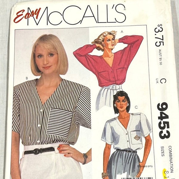 Vintage McCall's 9453 Sewing Pattern Misses Set of Blouses/Easy McCall's/Sizes 8-10-12/P. Cut to Size 12/OOP/Copyright 1985