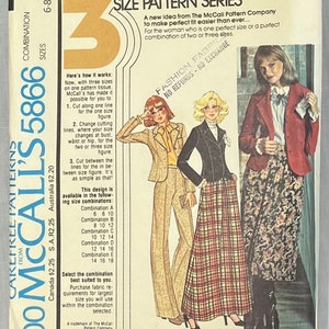 May include: A vintage McCall's sewing pattern envelope for a misses' blazer, skirt, and pants. The pattern number is 5866 and the price is $2.00. The envelope features a photo of three women modeling the garments. The text "Size Pattern Series" is printed on the envelope.