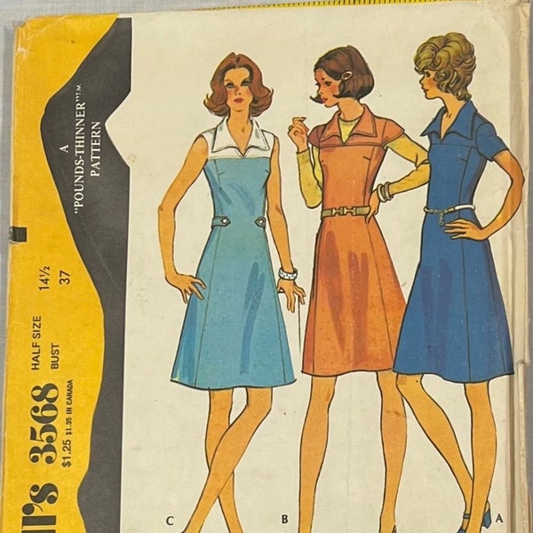 McCall's 3568/Pounds Thinner Pattern/Flared Collar Dress/70s Boho Style Dress/Misses Size 14 1/2 - Bust 37/Cut/Complete/OOP 1973