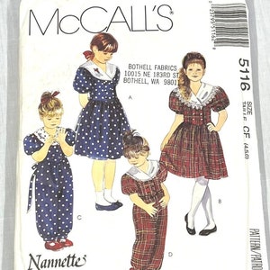 May include: A sewing pattern for girls' clothing. The pattern includes four different styles: a polka dot dress, a plaid dress, a polka dot jumpsuit, and a plaid jumpsuit. The pattern is from McCall's and is size CF (4, 5, 6).
