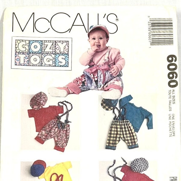 Easy McCall's 6060 Cozy Togs Sewing Pattern/Infants Top/Pants with Detachable Suspenders & Hat/All Sizes/UNCUT/Copyright 1992
