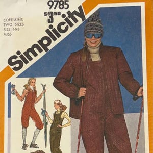 May include: Simplicity sewing pattern for a ski suit. The cover features a woman in a burgundy quilted ski suit, ski poles, and a knit hat. Illustrations show other ski suit designs. The text reads "Shirt and tops not included."