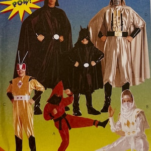 May include: A collection of five costumes including a black superhero outfit with a cape and mask, a metallic silver knight costume with a helmet, a gold jumpsuit, a red ninja suit, and a white ninja outfit. A yellow starburst with the text POW! is visible.