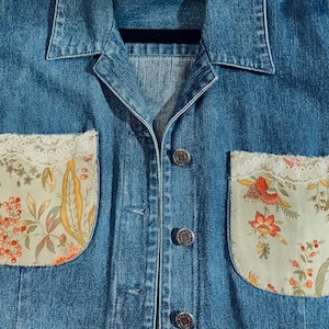 PL Upcycled Embellished Denim Vest with lace and Swarovski Crystals, Altered Couture, Ready to Ship