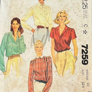 May include: Vintage McCall's sewing pattern featuring illustrations of blouses. The pattern includes designs for a variety of blouses, including a button-down, a bow-tie blouse, and a plaid shirt. The pattern is for a Miss Size 10 with a 32 1/2 inch bust.