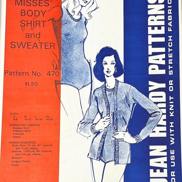 Jean Hardy 470 Teen Misses Bodysuit & Cardigan Sweater Pattern/For Knit or Stretch Fabrics /Size S-XL Bust 34 - 45 UNCUT/OOP/1973