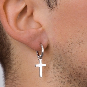 Mens Cross Earrings - Silver Cross Dangle Hoop Earrings For Men - Cross Earrings - Sterling Silver Earrings - Dangle drop Earrings Gifts Men