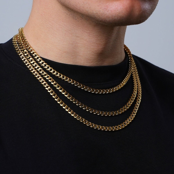 18K Gold Mens Gold Chain, 6mm Thick Gold Chain, Waterproof Gold Necklace Men, 18K Gold Chain Necklace, Gold Cuban Chain - Mens Jewellery