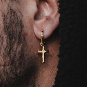18K Gold Cross Earrings Men - Mens Cross Earrings - Dangle Cross Earrings for Men - Mens Earrings - Gold Hoop Earrings - Twistedpendant