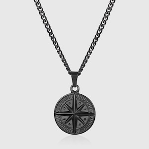Mens Necklace, Black Compass North Star Pendant Stainless Steel Mens Jewelry, Black Men&#39;s Pendant Compass Necklace- By Twistedpendant