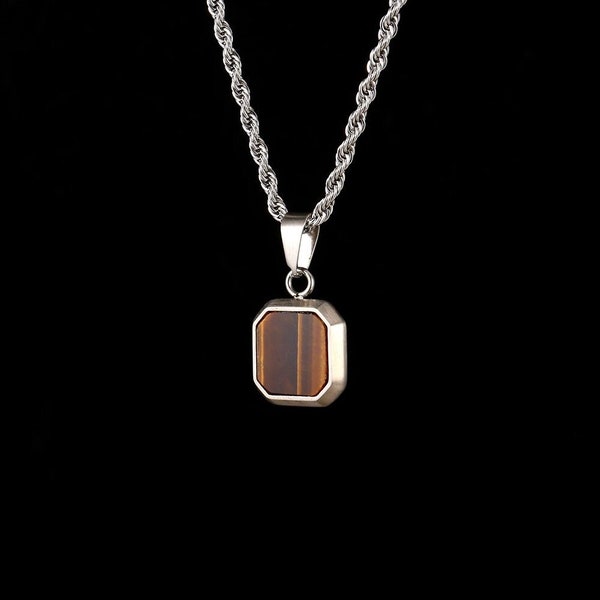 Tigers Eye Necklace, Mens Silver Gemstone Necklace - Silver Chain Pendant Necklace For Men - Silver Pendant Men - Mens Jewelry Gifts UK