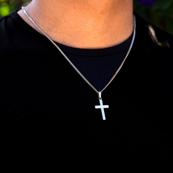 Mens Necklace - Silver Cross Necklace - Cross Necklace Men - Smooth Crucifix Pendant Necklace - Cross And Chain Pendant By Twistedpendant