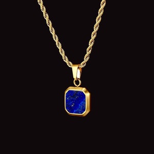 Gold Lapis Lazuli Necklace - Square Lapis Lazuli Pendant Necklace For Men - Lapis Gemstone Pendant - 18K Gold Pendant Men By Twistedpendant