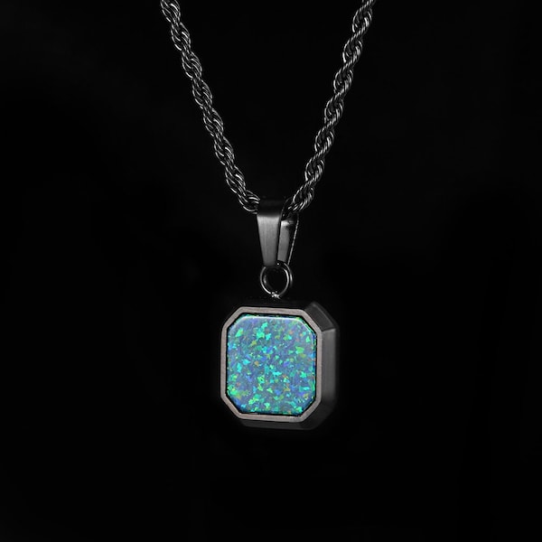 Schwarze Opal-Halskette – Grüne Opal-Edelstein-Anhänger-Halskette für Männer – Herren-Halskette – Silber-/18K-Gold-Halskette mit Stein – Herrenschmuck