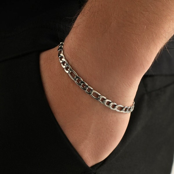 Pulsera para hombre - Pulsera Figaro de plata de 5 mm para hombre - Pulsera de plata ajustable - Cadena de plata impermeable para hombre - Regalos de pulsera de acero inoxidable