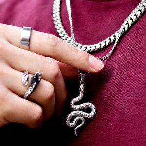 Snake Necklace Pendant, Silver Necklace Mens, Mens Necklace - Boho Snake Serpent Charm - Mens Jewelry - Streetwear Jewellery UK - Gifts Men