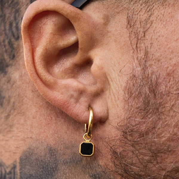 Boucle d'oreille pendante en onyx - Boucles d'oreilles pour homme - Créoles en or 18 carats avec pierre précieuse en onyx noir - Charm de boucle d'oreille en onyx noir et or pour homme
