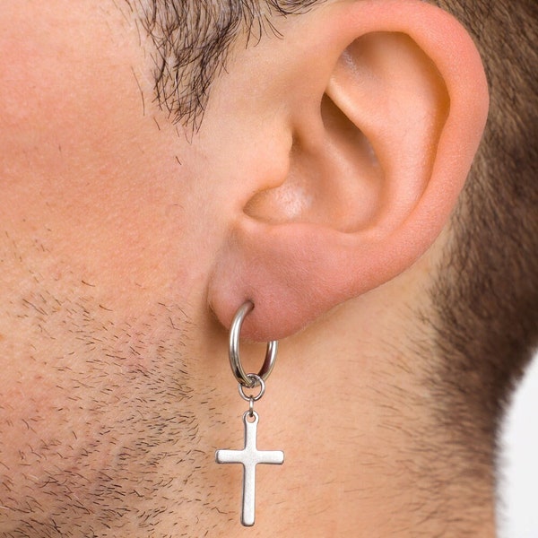 Silver Cross Dangle Earrings - Mens Dangle Earring - Large Cross Dangle Earrings For Men - Mens Cross Hoop Earring - Mens Earrings Jewellery