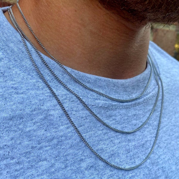 Silver Chain Necklace Connell Style Stainless Steel Silver Curb 2mm Chain Necklace Boyfriend Gift, Mens Jewelry, Man Necklace Twistedpendant