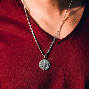Silver Compass Pendant Necklace For Men, Mens Necklace, Silver Chain Pendant Minimalist North Star Pendant Mens Jewelry - Gifts For Him UK