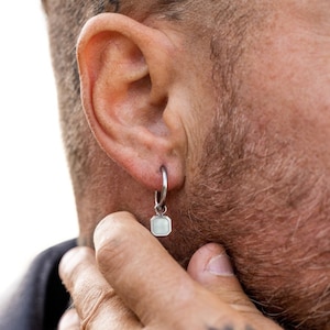 Mens Earrings - White Gem Dangle Earring-  Mens Silver Dangle Earring - Silver Hoop Dangle Earrings with Gemstone Charm - Mens Hoop Earring