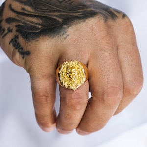 Mens Ring Large Lion Gold Ring - Animal Ring - Signet Ring Men - 18K Gold Signet Ring - Gold Rings for Men - Gold Rings Jewelry Gift Him