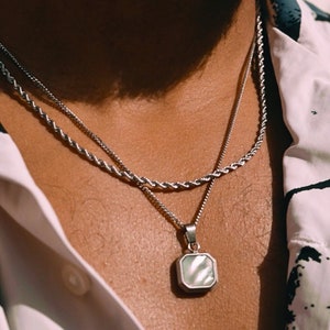 Silver Gemstone Necklace For Men / Women, Silver Pearl Necklace Pendant - 3mm Rope Chain With Pendant - Gifts For Him - Mens Jewellery UK