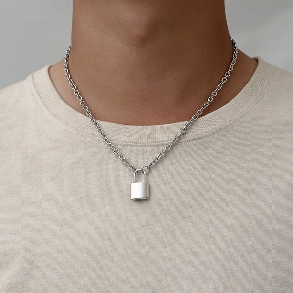 Silver Padlock Necklace - Mens Silver Lock Necklace - Mens Jewelry - Necklace For Men - Necklace Lock & Chain - Simple Lock Necklaces UK