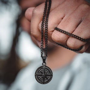 Black Necklace, Black Compass Necklace North Star Pendant Mens Necklace - Mens Jewellery Gifts UK - Black Pendant Men - By Twistedpendant