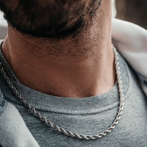 Silver Twisted Rope Chain - Mens Silver Rope Chain Necklace - Mens Necklace - 5mm Silver Chain - Stainless Steel Thick Chain Men's Jewelry