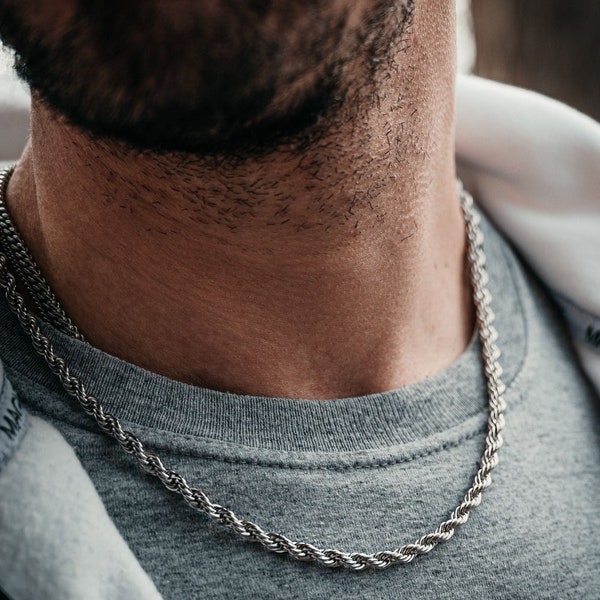 Chaîne corde torsadée en argent - Collier chaîne corde en argent pour homme - Collier homme - Chaîne en argent 5 mm - Chaîne épaisse en acier inoxydable bijoux pour homme