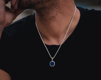 Collier en argent avec pendentif pierre de lapis-lazuli, collier pour homme pendentif en argent bleu royal pour homme - Pendentif torsadé