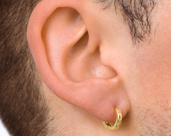 Mens Earrings, 18K Gold Hoop Earrings - Patterned Huggie Hoop Earrings For Men, Thick 12mm Gold / Silver Earrings, Mens Jewelry Hoops