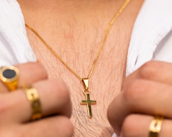 Gold Cross Pendant Necklace - Mini Gold Cross Chain Pendant - Tiny Gold Cross Necklace - Mens Cross Necklace - Mens Jewellery Gifts For Him