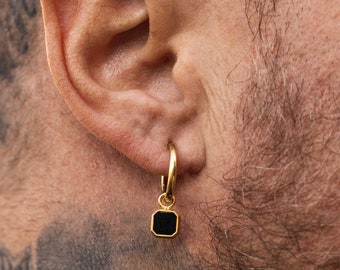 Onyx Dangle Earring - Mens Earrings - 18K Gold Hoop Dangle Earrings with Black Onyx Gemstone - Black & Gold Onyx Earring Charm Mens Jewelry