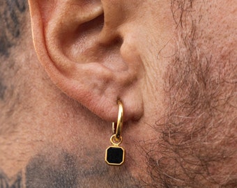 Pendiente colgante de ónix - Pendientes para hombre - Pendientes colgantes de aro de oro de 18 quilates con piedra preciosa de ónix negro - Pendiente de ónix negro y dorado Encanto joyería para hombres